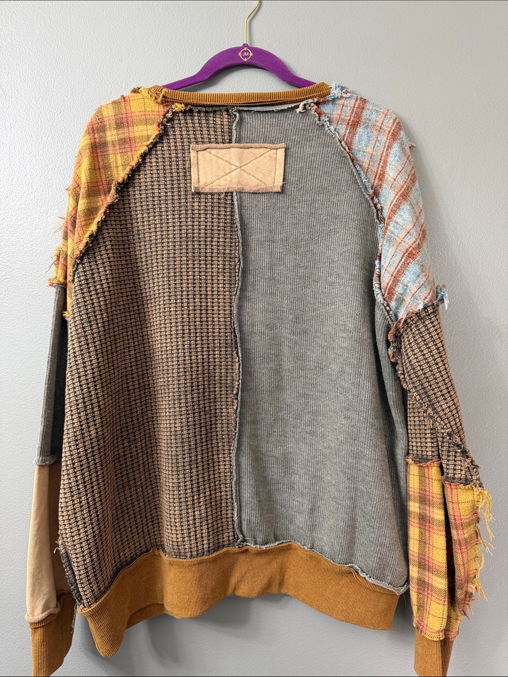 Oli & Hali Washed Mixed Fabric Plaid Pullover in a mustard combo raw seam large - Picture 6 of 7